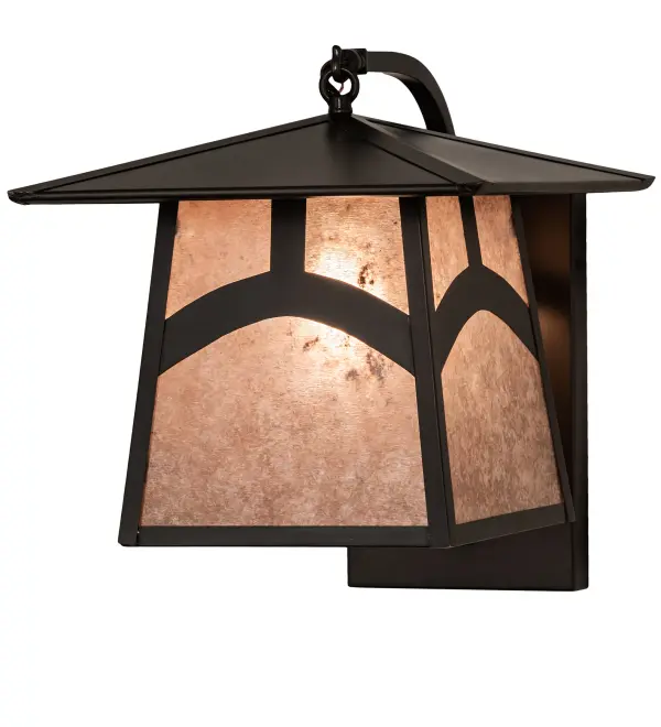 Custom made from Solid Brass for exceptional indoor and outdoor wall lighting applications. A stunning Craftsman design statement is revealed with a dramatic Mission styled profile combined with an abstract Hilltop design. The Silver Mica lantern is enhanced with a Craftsman Brown finish. The Stillwater Hill Top Curved Arm Wall Sconce is featured in our American designed, handmade Craftsman Signature Series. Manufactured in Yorkville, New York. UL and cUL listed for dry, damp and wet locations. Collection: Stillwater Finish: Craftsman Brown Glass: Silver Mica Width: 11.50" Height: 13.00" Length: 14.00" Weight: 5.50 lb Extension from Wall: 14.00" Number of Bulbs: 1 Maximum Wattage: 60.00 W Bulb Type: A19 Bulb Base: E26 Material: Brass Country of Origin: USA Safety Listing: Wet Safety Rating: Wet