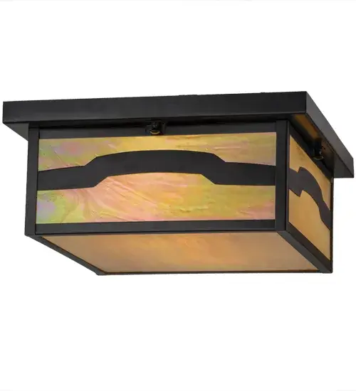 Handcrafted of Solid Brass, an abstract mountainside design comes to light with this Craftsman Signature lantern. This striking fixture features a Beige Iridescent art glass diffuser with hardware and accents featured in a Craftsman BRown finish. handcrafted by Meyda artisans in our Yorkville, New York manufacturing facility, at the foothills of the glorious Adirondack Mountains. Custom styles, colors and sizes are available, as well as dimmable energy efficient lamping options. Collection: Hyde Park Finish: Craftsman Brown Glass: Beige Iridescent Glass Width: 20.00" Height: 6.00" Length: 14.00" Weight: 9.50 lb Number of Bulbs: 2 Maximum Wattage: 60.00 W Bulb Type: A19 Bulb Base: E26 Country of Origin: USA Safety Listing: Damp Safety Rating: Damp - alternate view