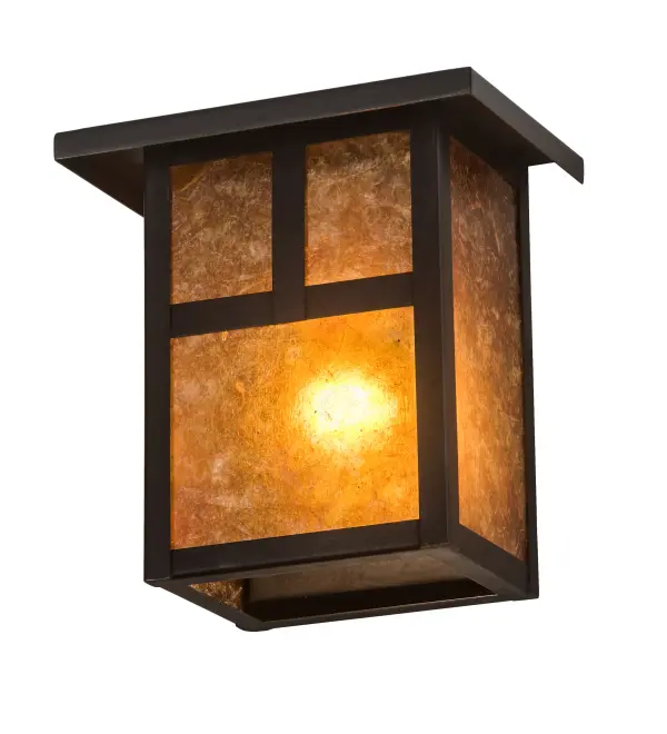 Handcrafted from Solid Brass; this handsome Craftsman Signature fixture is inspired by the Arts and Crafts movement. The striking Mission straight line design is featured in Amber Mica and enhanced with a frame and hardware finished in a warm Craftsman Brown. Handcrafted by highly skilled artisans in our 180;000 square foot manufacturing facility in Yorkville; NY. Custom sizes; styles; colors and dimmable energy efficient lamping options are available. The 6.5-inch square fixture is UL and cUL listed for dry and damp locations.
