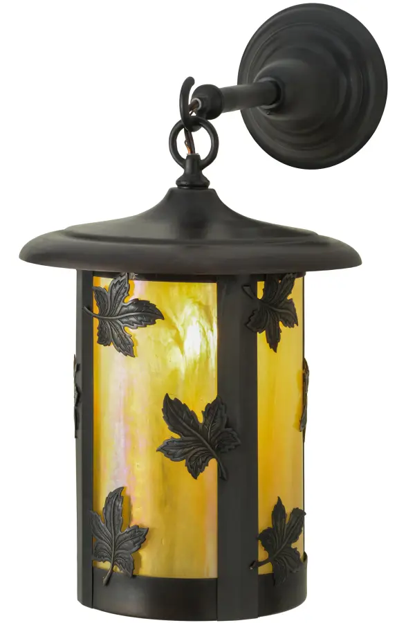 Custom crafted of Solid Brass; this handsome lantern is designed with Beige Iridescent art glass adorned with stunning maple leaf accents. The cylindrical shaped hardware is finished in Craftsman Brown. This Signature Craftsman fixture is listed for both indoor and outdoor applications. Made in America by Meyda artisans.