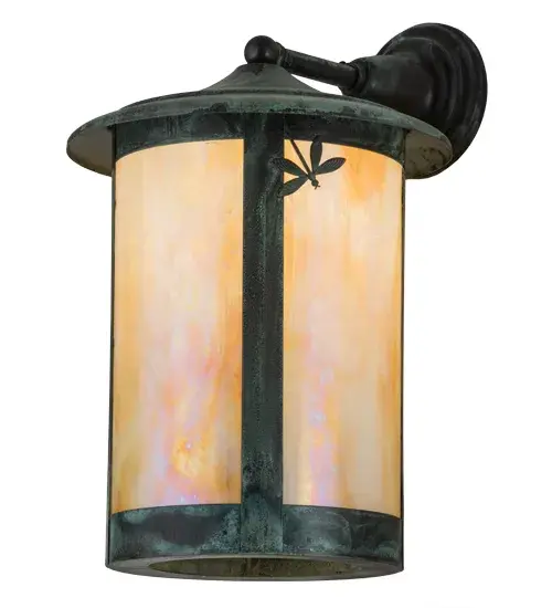 This Fulton Dragonfly sconce projects beautiful ambient light through Beige Iridescent glass panels which are accented with a delicate Dragonfly silhouette design. The fixture is enhanced with a Verdigris finish. This Craftsman Signature wall fixture offers unlimited combinations of styles, functions, sizes and finishes. Crafted of a Marine Grade Solid Brass, timeless living finishes are offered to endure harsh climates. To meet your interior and exterior lighting needs, the fixture is UL and cUL listed for dry, damp and wet locations. Collection: Fulton Finish: Verdi Glass: Beige Iridescent Art Glass Width: 14.50" Height: 19.00" Length: 15.00" Weight: 8.50 lb Extension from Wall: 15.00" Number of Bulbs: 1 Maximum Wattage: 60.00 W Bulb Type: A19 Bulb Base: E26 Material: Brass Country of Origin: USA Safety Listing: Wet Safety Rating: Wet - alternate view