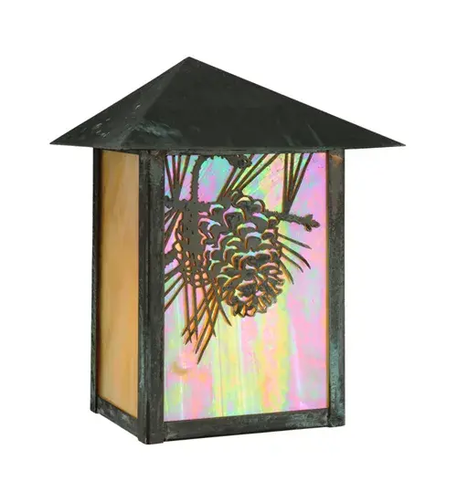 A Winter Pinecone with Pine Needles delicately etched of Solid Brass. Rustic charm comes alive with soft ambient light projected through a stunning Beige Iridescent Glass diffuser. This Nature Inspired Indoor/Outdoor Wall Sconce is complemented with Verdigris finished hardware. Handcrafted by highly skilled artisans in our 180,000 square foot manufacturing facility in Yorkville, New York. Diffuser colors, metal finishes and fixture sizes can be customized to your needs. UL and cUL listed for dry, damp and wet locations. Collection: Seneca Finish: Verdigris Glass: Beige Iridescent Glass Width: 6.50" Height: 8.50" Length: 4.50" Weight: 2.00 lb Extension from Wall: 4.50" Number of Bulbs: 1 Maximum Wattage: 60.00 W Bulb Type: A19 Bulb Base: Medium Country of Origin: USA Safety Rating: Wet - alternate view
