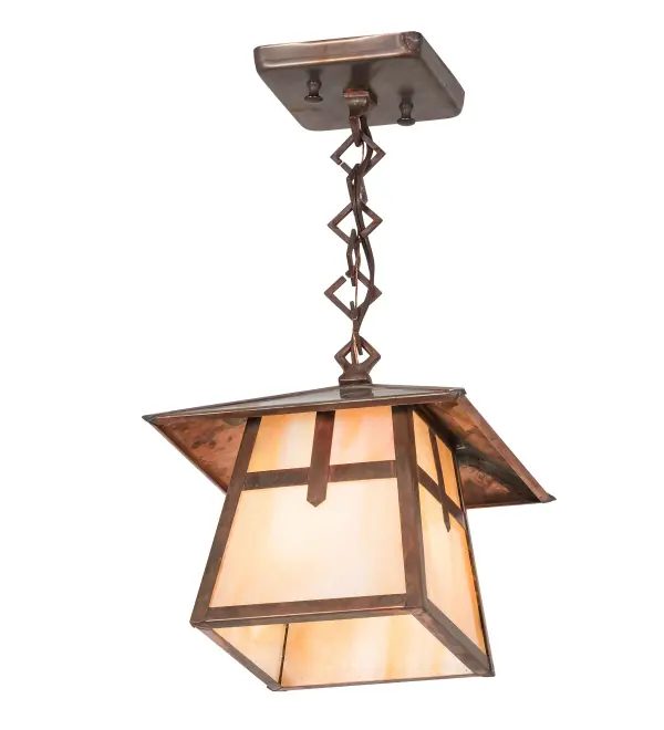 Custom-made from Solid Copper; this ceiling pendant is constructed for interior and exterior applications. A stunning Craftsman design statement is captured with a dramatic profile featuring a unique Cross Mission design. Ideal for entryways and covered porches and patios; illuminating timber homes; modern farmhouses; and other spaces from Traverse City; Michigan; to Lake Tahoe; Nevada; to Lake Geneva; Wisconsin. The Beige Iridescent Glass diffuser is enhanced with a frame and hardware featured in a Vintage Copper finish. The overall height ranges from 11 to 46 inches as the chain easily adjusts in the field to meet your exact lighting requirements. The Stillwater Cross Mission Pendant is included in our American-made; American-designed; handcrafted Craftsman Signature Series and manufactured in Yorkville; New York. UL and cUL listed for dry; damp; and wet locations. Our Build Your Own Craftsman Signature Series features unlimited combinations of styles; functions; sizes; and finishes. Options include lanterns; pier and post mounts; and deck lights crafted of marine-grade materials like Brass and copper with timeless living finishes offered to endure harsh climates.