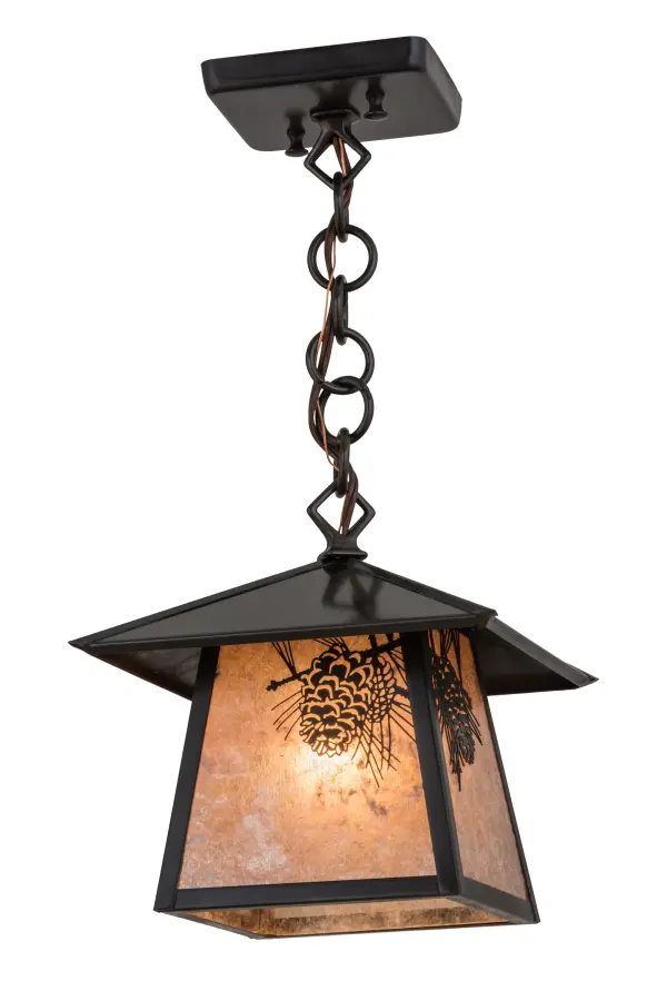 Delicately etched of Solid Brass, Pinecones with Pine Needles are featured in stunning Silver Mica. Rustic charm comes alive with soft ambient light from this nature inspired fixture, which is enhanced by Craftsman Brown finished decorative accents, frame and hardware. Ideal for a variety of ceiling lighting applications, this Craftsman Signature lantern is handcrafted by Meyda artisans in our manufacturing facility at the foothills of the glorious Adirondack Mountains.Custom sizes, styles, colors and dimmable energy efficient lamping options are available.The pendant is UL and cUL listed for damp and dry locations. Collection: Stillwater Finish: Craftsman Brown Glass: Silver Mica Width: 11.75" Height: 11.50" Length: 8.25" Weight: 3.00 lb Number of Bulbs: 1 Maximum Wattage: 60.00 W Bulb Type: A19 Bulb Base: Medium Material: Brass Country of Origin: USA Safety Listing: Wet Safety Rating: Wet