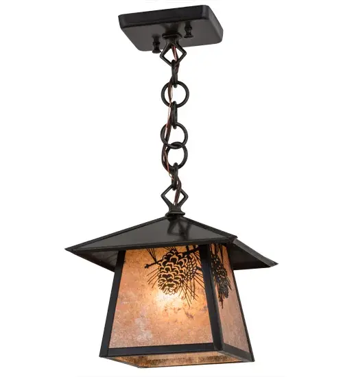 Delicately etched of Solid Brass, Pinecones with Pine Needles are featured in stunning Silver Mica. Rustic charm comes alive with soft ambient light from this nature inspired fixture, which is enhanced by Craftsman Brown finished decorative accents, frame and hardware. Ideal for a variety of ceiling lighting applications, this Craftsman Signature lantern is handcrafted by Meyda artisans in our manufacturing facility at the foothills of the glorious Adirondack Mountains.Custom sizes, styles, colors and dimmable energy efficient lamping options are available.The pendant is UL and cUL listed for damp and dry locations. Collection: Stillwater Finish: Craftsman Brown Glass: Silver Mica Width: 11.75" Height: 11.50" Length: 8.25" Weight: 3.00 lb Number of Bulbs: 1 Maximum Wattage: 60.00 W Bulb Type: A19 Bulb Base: Medium Material: Brass Country of Origin: USA Safety Listing: Wet Safety Rating: Wet - alternate view