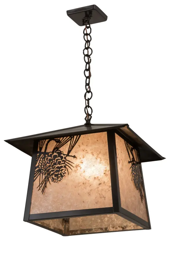 Delicately etched of Solid Brass; Pinecones with Pine Needles are featured in stunning Silver Mica. Rustic charm comes alive with soft ambient light from this nature inspired pendant; which is enhanced by Craftsman Brown finished decorative accents; frame and hardware. Ideal for a variety of ceiling lighting applications; this Craftsman Signature lantern is handcrafted by Meyda artisans in our manufacturing facility at the foothills of the glorious Adirondack Mountains.Custom sizes; styles; colors and dimmable energy efficient lamping options are available.The fixture is UL and cUL listed for damp and dry locations.