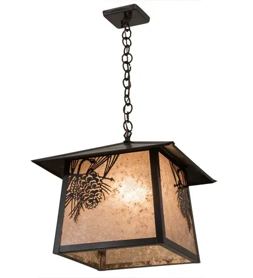 Delicately etched of Solid Brass; Pinecones with Pine Needles are featured in stunning Silver Mica. Rustic charm comes alive with soft ambient light from this nature inspired pendant; which is enhanced by Craftsman Brown finished decorative accents; frame and hardware. Ideal for a variety of ceiling lighting applications; this Craftsman Signature lantern is handcrafted by Meyda artisans in our manufacturing facility at the foothills of the glorious Adirondack Mountains.Custom sizes; styles; colors and dimmable energy efficient lamping options are available.The fixture is UL and cUL listed for damp and dry locations. - alternate view