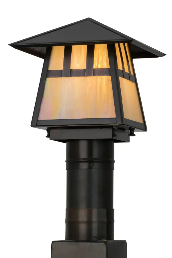 Custom made from Solid Brass, a stunning Craftsman Signature design statement is evoked with a dramatic Mission styled straight line design. Highlighted with Beige Iridescent art glass and a frame and hardware featured in a Craftsman Brown finish, this post mount is ideal for indoor and outdoor lighting applications in residential and commercial environments. The fixture is handcrafted by Meyda artisans in the Yorkville, NY manufacturing facilities. Custom colors, designs, sizes and dimmable energy efficient lamping options are available. The fixture is UL and cUL listed for dry and wet locations. Collection: Stillwater Finish: Craftsman Brown Glass: Beige Iridescent Glass Width: 12.00" Height: 8.00" Length: 8.00" Weight: 4.00 lb Number of Bulbs: 1 Maximum Wattage: 60.00 W Bulb Type: A19 Bulb Base: E26 Material: Brass Country of Origin: USA Safety Listing: Wet Safety Rating: Wet
