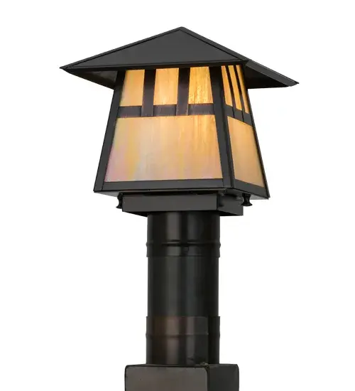 Custom made from Solid Brass, a stunning Craftsman Signature design statement is evoked with a dramatic Mission styled straight line design. Highlighted with Beige Iridescent art glass and a frame and hardware featured in a Craftsman Brown finish, this post mount is ideal for indoor and outdoor lighting applications in residential and commercial environments. The fixture is handcrafted by Meyda artisans in the Yorkville, NY manufacturing facilities. Custom colors, designs, sizes and dimmable energy efficient lamping options are available. The fixture is UL and cUL listed for dry and wet locations. Collection: Stillwater Finish: Craftsman Brown Glass: Beige Iridescent Glass Width: 12.00" Height: 8.00" Length: 8.00" Weight: 4.00 lb Number of Bulbs: 1 Maximum Wattage: 60.00 W Bulb Type: A19 Bulb Base: E26 Material: Brass Country of Origin: USA Safety Listing: Wet Safety Rating: Wet - alternate view