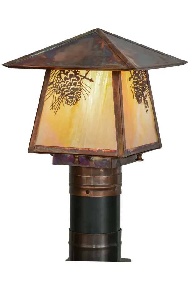 With pinecones and pine needles delicately etched of Solid Brass; this compelling design represents the iconic symbol of spiritual enlightenment and eternal life. Rustic charm comes alive with soft warm ambient light through stunning Beige Iridescent art glass enhanced by Vintage Copper finished hardware on this nature inspired fixture. Ideal for both exterior and interior lighting applications. Handcrafted by Meyda artisans in our manufacturing facility at the foothills of the Adirondack Mountains.