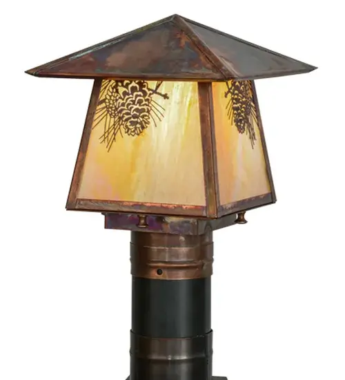 With pinecones and pine needles delicately etched of Solid Brass; this compelling design represents the iconic symbol of spiritual enlightenment and eternal life. Rustic charm comes alive with soft warm ambient light through stunning Beige Iridescent art glass enhanced by Vintage Copper finished hardware on this nature inspired fixture. Ideal for both exterior and interior lighting applications. Handcrafted by Meyda artisans in our manufacturing facility at the foothills of the Adirondack Mountains. - alternate view