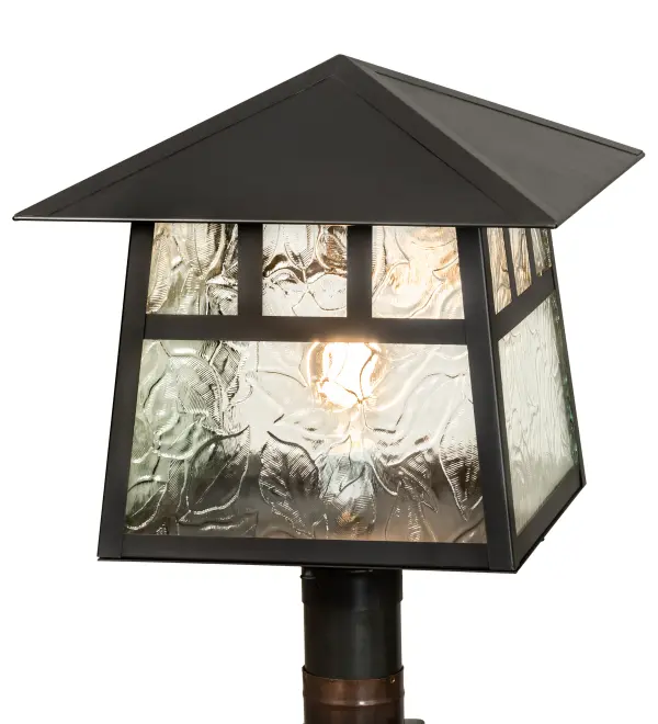 Custom made from Solid Brass. A stunning Craftsman design statement is created with a dramatic Mission-styled straight-line design highlighted with Clear Leaf art glass shade and a Craftsman Brown finish. This handsome post mount is constructed for interior and exterior applications. The fixture can be mounted to columns; posts; and decks while providing beautiful ambient lighting in timber homes; modern farmhouses; and other spaces from Traverse City; Michigan; to Lake Tahoe; Nevada; to Lake Geneva; Wisconsin. The Stillwater Double Bar Mission Post Mount is included in our American-made; American-designed; handcrafted Craftsman Signature Series and manufactured in Yorkville; New York. UL and cUL listed for dry; damp; and wet locations. Our Build Your Own Craftsman Signature Series features unlimited combinations of styles; functions; sizes; and finishes. Options include lanterns; pier mounts; and deck lights crafted of marine-grade materials like brass and copper with timeless living finishes offered to endure harsh climates.
