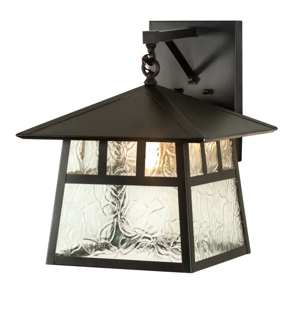 Custom crafted of Solid Brass. A stunning Craftsman Signature design statement is created with a dramatic Mission styled straight line design. Highlighted with Clear Leaf art glass shade and a Craftsman Brown finish. This indoor/outdoor wall sconce is handcrafted by highly skilled artisans in our 180;000 square foot manufacturing facility in Yorkville; NY. Lens colors; metal finishes and sconce sizes can be customized to meet your needs. UL and cUL listed for dry; damp and wet locations.