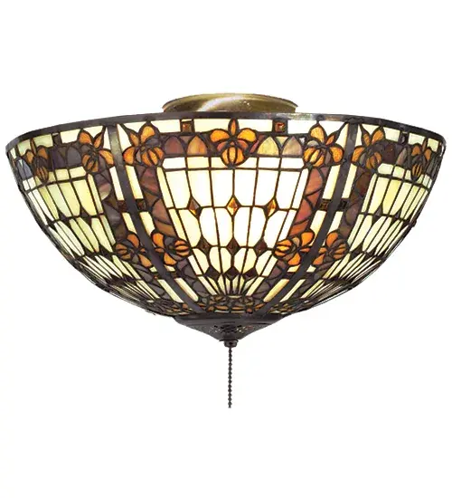 A Meyda Tiffany original design; the Fleur-de-lis is an intricate design of stylized Honey Fleur-de-lis and Amber colored glass jewels on a Beige background. Reminiscent of castle and cathedral glass; the Fleur-de-lis pattern holds a prominent place in European Heraldry. The stained glass shade which is handcrafted utilizing the famous Meyda copperfoil construction process.The hardware is hand finished in Mahogany Bronze. Custom options are available. The sconce is UL and cUL listed.