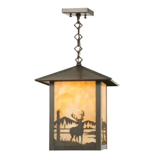 Ideal for handsome indoor and outdoor lighting applications. A stunning Nature Inspired design statement is revealed with a dramatic Majestic Trophy Deer standing tall in front of a mountainside. The Beige Iridescent Lantern is enhanced with a warm Craftsman Brown finish. The Seneca Deer Creek Ceiling Pendant is featured in our American designed; handmade Craftsman Signature Series. Manufactured in Yorkville; New York. UL and cUL listed for dry; damp and wet locations.