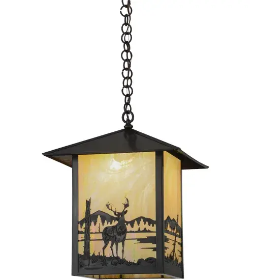 Custom crafted of Solid Brass, this striking pendant design captures a deer standing tall alongside a mountain creek with the morning sun rising in the background. Warm ambient lighting shines through stunning Beige Iridescent art glass enhanced by the decorative accents, frame and matching hardware featured in a Craftsman Brown finish. Handcrafted in the Meyda manufacturing facility, located at the foothills of the Adirondack Mountains. Collection: Seneca Finish: Craftsman Brown Glass: Beige Iridescent Glass Width: 23.00" Height: 23.00" Length: 16.00" Weight: 16.00 lb Number of Bulbs: 1 Maximum Wattage: 60.00 W Bulb Type: A19 Bulb Base: E26 Country of Origin: USA Safety Listing: Wet Safety Rating: Wet - alternate view