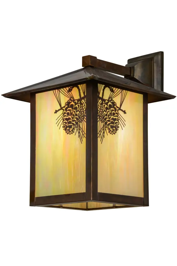Custom crafted of Solid Brass; delicate designs feature pine needles and pinecones; reflecting some of the most ancient plants on the planet; having existed nearly three times longer than all other flowers. Rustic charm comes alive with soft warm ambient light through stunning Beige Iridescent art glass; which is complemented by Vintage Copper finished hardware on this nature inspired fixture. Ideal for both exterior and interior lighting applications. Handcrafted by Meyda artisans in our manufacturing facility at the foothills of the Adirondack Mountains.