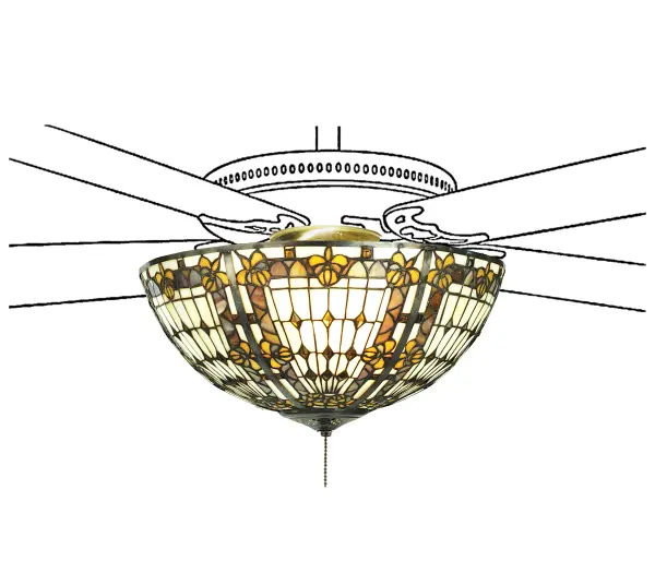 Reminiscent of castle and cathedral glass; this resplendent fixture is a Meyda original design. The Fleur-de-Lis Fan Light fixture is an intricate design featuring Amber stylized tri-petaled irises on a Beige Art Glass field. The Fleur-de-Lis pattern holds a prominent place in French Heraldry. The luxurious inverted shade is created using the famous Meyda Tiffany copperfoil construction and can be paired with a standard ceiling fan. Fan not included. The Fleur-de-lis Fan Light Fixture is featured in our American-designed; handcrafted Stained Glass Lighting Collection. UL and cUL listed for dry and damp locations. Each fixture is a unique work of art with color variations based on natural ingredients inherent in the glass.