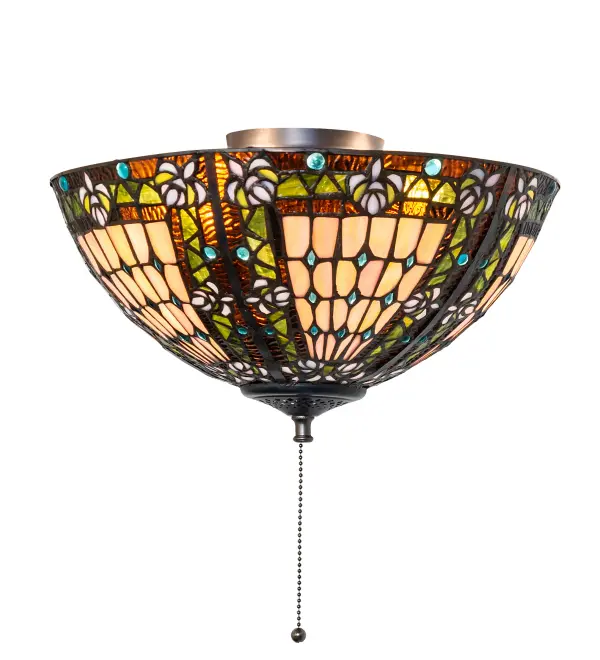 A Meyda Tiffany original design, the Fleur-de-Lis inverted shade is an intricate design of Blue stylized tri-petaled irises and matching glass jewels against bands of Twilight and Beige. Reminiscent of castle and cathedral glass, the Fleur-de-lis pattern holds a prominent place in European Heraldry. The stained glass sconce is hand crafted utilizing the copperfoil construction process. Custom options available. UL and cUL listed for damp and dry locations. Collection: Fleur-De-Lis Finish: Mahogany Bronze Glass: Stained Glass Width: 16.00" Height: 9.00" Length: 16.00" Weight: 6.50 lb Number of Bulbs: 3 Maximum Wattage: 60.00 W Bulb Type: B10 Bulb Base: E12 Material: Steel Country of Origin: CHINA Safety Listing: Damp Safety Rating: Damp