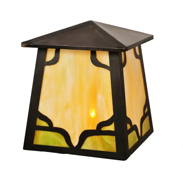 Inspired by European architecture; the distinctive Kirkpatrick features an abstract design found on historical monuments across the globe. The Mission styled lantern reveals stunning Bone Beige art glass with Moss Green Ripple Glass accents. The classic Solid Brass frame; decorative accents; and hardware are featured in a Craftsman Brown finish. This fixture is perfect for indoor and outdoor applications; which includes mounting to a post or column. Handcrafted in our 180;000 square foot manufacturing facility in the USA; a vast palette of custom finishes; colors; sizes and dimmable energy efficient lamping options such as LED are available. This 18-inch square fixture is UL and cUL listed for dry; damp and wet locations.
