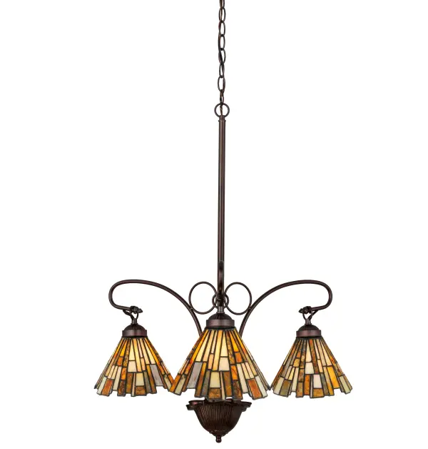 Thinly hand carved and polished natural Jadestone in earthy tones of Moss Green; Tan; Natural Ivory and Coral become luminescent in these unique tile patterned shades which was crafted using the famous copperfoil construction process that creates Tiffany stained glass lamps and fixtures. The chandelier hardware and arms are finished in a Mahogany Bronze.