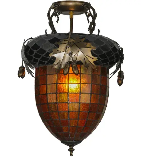 Majestic as the mighty oak is this leaf adorned pendant which is enhanced by an Antique Copper finish. The fixture features a stained glass shade in Multi-toned Autumn Green with a Bark Brown granite glass crown. The shade is created using the famous Meyda copperfoil construction. The elegant hardware is handcrafted in our 180;000 square foot manufacturing facility in Yorkville; NY. Shade colors; metal finishes and fixture sizes can be customized. UL and cUL listed for dry and damp locations. No two art glass shades will be the same as their individuality can be as remarkably unique as their personality.