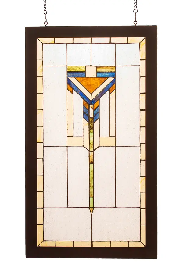 This simple and handsome Prairie pattern of Avocado Green; Bark Brown and Wispy Beige adorn a Clear seedy glass window. The window is handcrafted utilizing the copperfoil construction process and 59 pieces of stained art glass encased in a wood frame. Mounting bracket and chain are included.