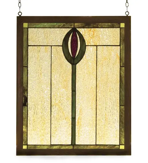 A stylized spear of Avacado Green and Plum adorn this Wispy Beige rippled glass window. The window is handcrafted utilizing the copperfoil construction process and stained art glass encased in a wood frame. Mounting bracket and chain are included.