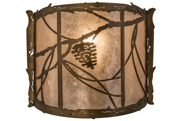 Listen closely. You can almost hear the soft whisper of the pine branches as they dance in the wind. Enjoy the warm ambiance of soft beautiful light diffused through Silver Mica, which is highlighted with stunning pinecone and pine branch designs. The hardware and decorative accents are featured in a handsome Antique Copper finish. The fixture is handcrafted by Meyda Artisans in Yorkville, New York at the foothills of the majestic Adirondack Mountains in the USA. Create the colors, size and style of your choice. Dimmable energy efficient lamping options are available. Collection: Whispering Pines Finish: Antique Copper Glass: Silver Mica Width: 12.00" Height: 9.75" Length: 4.50" Weight: 2.00 lb Extension from Wall: 4.50" Number of Bulbs: 1 Maximum Wattage: 60.00 W Bulb Type: A19 Bulb Base: E26 Material: Steel Country of Origin: USA Safety Listing: Damp Safety Rating: Damp