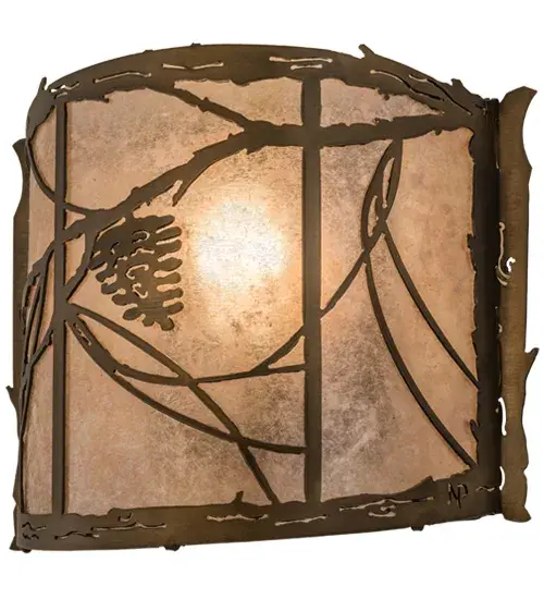 Listen closely. You can almost hear the soft whisper of the pine branches as they dance in the wind. Enjoy the warm ambiance of soft beautiful light diffused through Silver Mica, which is highlighted with stunning pinecone and pine branch designs. The hardware and decorative accents are featured in a handsome Antique Copper finish. The fixture is handcrafted by Meyda Artisans in Yorkville, New York at the foothills of the majestic Adirondack Mountains in the USA. Create the colors, size and style of your choice. Dimmable energy efficient lamping options are available. Collection: Whispering Pines Finish: Antique Copper Glass: Silver Mica Width: 12.00" Height: 9.75" Length: 4.50" Weight: 2.00 lb Extension from Wall: 4.50" Number of Bulbs: 1 Maximum Wattage: 60.00 W Bulb Type: A19 Bulb Base: E26 Material: Steel Country of Origin: USA Safety Listing: Damp Safety Rating: Damp - alternate view