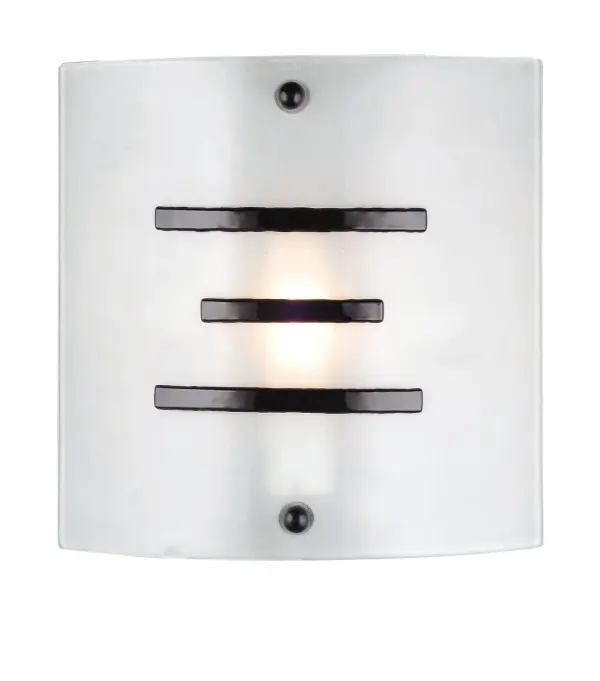Take me to your leaders and light up the Klaatu Metro Fusion ADA compliant wall sconce with its Black Sky strips on Moon White fused glass sconce shade. The sconce is designed and created by Meyda artists and craftsmen of hand cut pieces of glass which are fused together at a high temperature. The glass is mounted on a Nickel powder coated hardware. Collection: Metro Fusion Finish: Nickel Glass: Clear/Stripe Width: 11.00" Height: 11.00" Length: 3.25" Weight: 3.00 lb Extension from Wall: 3.25" Number of Bulbs: 1 Maximum Wattage: 60.00 W Bulb Type: T10 Bulb Base: E26 Material: Steel Country of Origin: USA Safety Listing: Dry Safety Rating: Dry