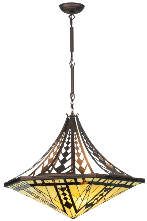 Enchanting southwestern styling and an intriguing Native American design reveals the magic and mystery of tribal symbols in stunning art glass and matching hardware. The hexagonal shade features Sand Beige and Bark Brown granite glass suspended from gently curving arms that repeat the arrowhead and diamond pattern. The hardware is finished in a warm Cinnamon Coffee metallic powder coat. Handcrafted by Meyda artisans in our Yorkville, New York manufacturing facility at the foothills of the Adirondack Mountains. Collection: Sonoma Finish: Cinnamon Coffee Metallic Glass: Stained Glass Width: 28.00" Height: 26.00" Length: 28.00" Weight: 17.00 lb Number of Bulbs: 3 Maximum Wattage: 60.00 W Bulb Type: A19 Bulb Base: E26 Material: Metal Country of Origin: USA Safety Listing: Damp Safety Rating: Damp
