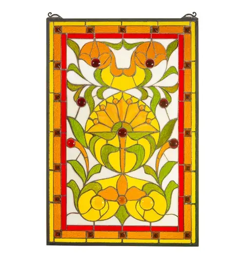 A Mango colored fan flower is surrounded by radiant textured Willow Green leaves and Topaz; Honey; Amber and Clear accents. Glistening Amber jewels and a wispy Beige background highlight this Victorian masterpiece. Handcrafted utilizing the copperfoil construction process and 239 pieces of stained art glass encased in a solid brass frame. Mounting bracket and jack chain included.