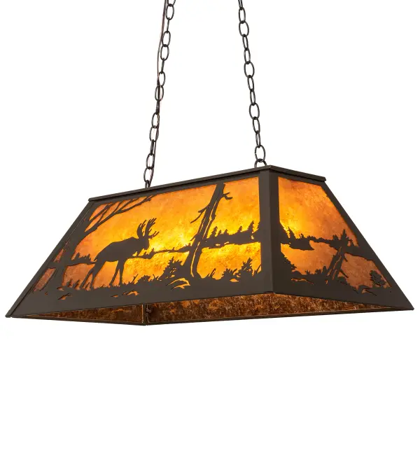 A Majestic Moose meanders near a woodland lake as the warm sun reflects brilliantly on the waters in the background. Beautiful ambient light projects through stunning Amber Mica which is complemented with decorative accents and hardware featured in a Timeless Bronze finish. The pendant is ideal for lighting up kitchen islands, counters, dining and billiard tables. Overall height ranges from 18 to 44 inches as the chain length can be easily adjusted in the field. Made to Order in our 180,000 sq ft manufacturing facility in Yorkville, NY at the foothills of the Adirondack Mountains. Additional wildlife and custom designs available, as well as custom shade colors, finishes and sizes. UL and cUL listed for damp and dry locations. Collection: Moose At Lake Finish: Timeless Bronze Glass: Amber Mica Width: 17.00" Height: 18.00" Length: 33.00" Weight: 19.00 lb Number of Bulbs: 6 Maximum Wattage: 60.00 W Bulb Type: A19 Bulb Base: E26 Material: Steel Country of Origin: USA Safety Rating: Damp
