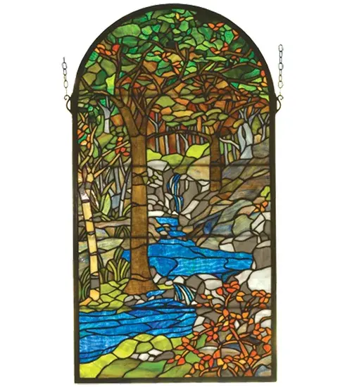 Meyda's interpretation of Louis Comfort Tiffany's Waterbrooks window is made using hand cut glass individually wrapped in copper foil. A beautiful selection of stained art glass in neutral tones of Earth Browns; Verdant and Mottled Greens; Russet Oranges and rippling Azure were hand selected to create this masterpiece. A solid brass hanging chain and brackets are included.
