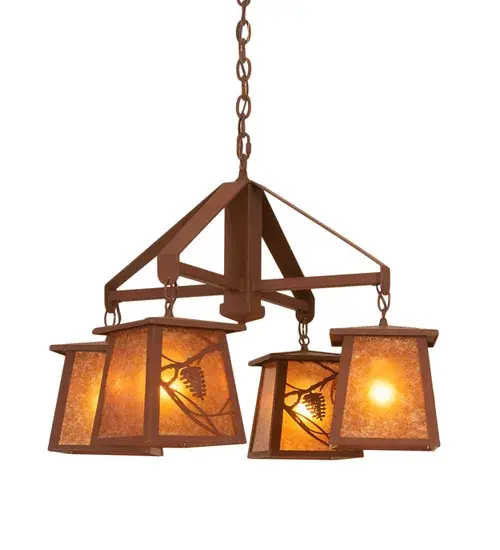 Listen closely. You can almost hear the soft whisper of the pine branches as they dance in the wind. Enjoy the warm ambiance of soft beautiful light diffused through these rustic shades. Amber Mica featuring stunning pinecone and pine branch designs. Ideal for placement above tables in kitchens and dining areas. Hand finished in handsome Rust and handcrafted by Artisans in Yorkville, New York. Create the design, colors, and the size and style of your choice. Energy efficient lamping options available. UL and cUL listed for damp and dry locations. Collection: Whispering Pines Finish: Rust Glass: Amber Mica Notes: Custom Crafted In Yorkville, New York Please Allow 30 Days Width: 28.00" Height: 24.00" Length: 28.00" Weight: 24.00 lb Number of Bulbs: 4 Maximum Wattage: 60.00 W Bulb Type: A19 Bulb Base: E26 Material: Steel Country of Origin: USA Safety Listing: Dry Safety Rating: Damp - alternate view