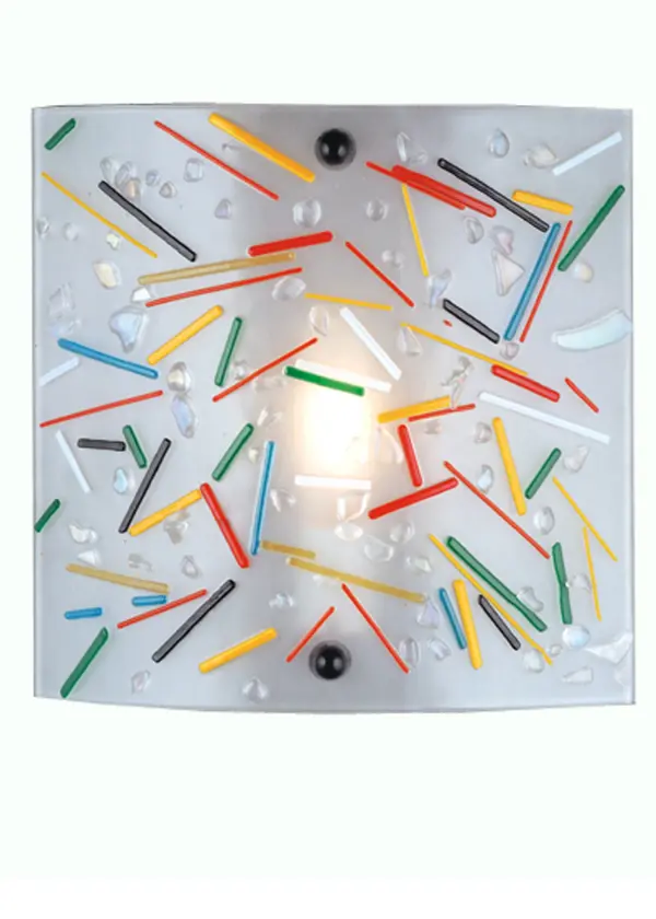 Ladies and Gentleman, we call your attention to the Circus, Metro Fusion ADA compliant wall sconce. Streamers and chips are hot fused together. This hot sconce shade is suspended by Nickel finished powder coated hardware. Designed and created by Meyda artists and craftsmen, hand cut pieces of glass are fused together, resulting in a unique and contemporary styles. Collection: Metro Fusion Finish: Nickel Glass: Clear/Multi Noodle Width: 11.00" Height: 11.00" Length: 3.00" Weight: 4.00 lb Extension from Wall: 3.00" Number of Bulbs: 1 Maximum Wattage: 60.00 W Bulb Type: T10 Bulb Base: E26 Material: Steel Country of Origin: USA Safety Listing: Damp Safety Rating: Damp