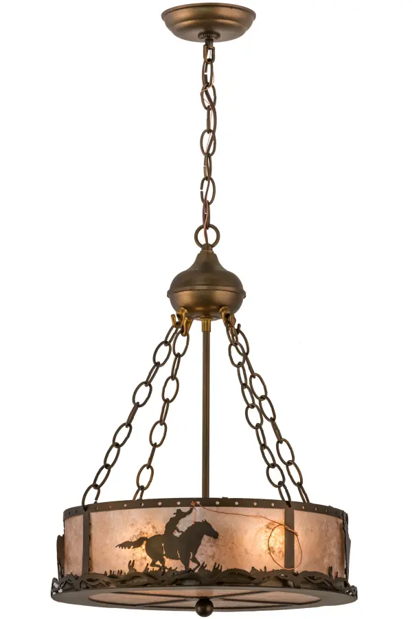 A cowboy riding his trusty horse with a lasso in-hand is depicted chasing steer across the prairie as the late afternoon sun lowers in this western inspired ceiling fixture design. Warm ambient light projects through stunning Silver Mica; which is complemented by accents and hardware featured in an Antique Copper finish. Handmade in the USA; this fixture is handcrafted by Meyda artisans in our Yorkville; New York manufacturing facility. Custom colors; sizes and styles are available; as well as dimmable energy efficient lamping options.