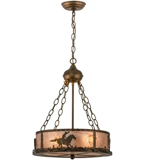 A cowboy riding his trusty horse with a lasso in-hand is depicted chasing steer across the prairie as the late afternoon sun lowers in this western inspired ceiling fixture design. Warm ambient light projects through stunning Silver Mica; which is complemented by accents and hardware featured in an Antique Copper finish. Handmade in the USA; this fixture is handcrafted by Meyda artisans in our Yorkville; New York manufacturing facility. Custom colors; sizes and styles are available; as well as dimmable energy efficient lamping options. - alternate view