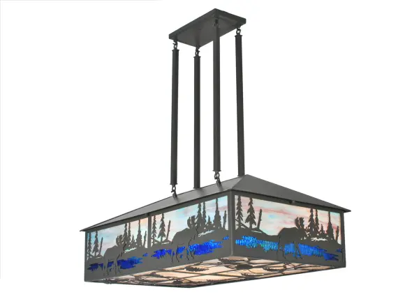 The majestic moose set on a mountain lake against the sunset sky. The bottom diffuser is made of white stained glass against a silhouette of pinecones and branches. The overall height is 39 but we can customize this pendant to any height requested. Glass colors and metal finish can also be customized. Glass is shipped seperately; some assembly required. "