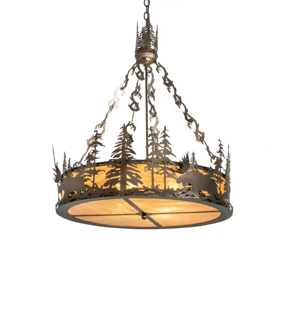 A Moose wanders through the tall pines around this circular pendant handcrafted in the USA by Meyda artisans. Suspended from hand crafted branch like chain links that hang from a pine tree adorned hub; this fixture is finished in Antique Copper.
