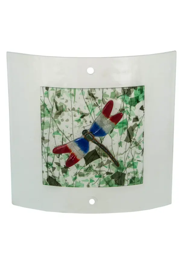 A subtle; elegant Red; White; and Blue Dragonfly design is featured on a Green Confetti Glass background; set against a Frosted Clear square profile; to create a stunning piece of art. Hand- cut glass is high-fired and hot-fused together for a unique effect. Please see item 98784; which features this lens as a complete wall sconce. The Metro Fusion Il Drago Shade is part of our American-made; American-designed; handcrafted Fused Glass Lighting Collection; manufactured in Yorkville; New York. Each shade is a unique work of art; featuring color variations derived from the glass's natural ingredients. The Quality Bent Glass division of Meyda Lighting has been in the making for over 100 years. Today; we continue to create timeless masterpieces using tools and methods that date back to the days when we supplied Tiffany Studios. Fused glass colors and metal finishes are customizable; as each fixture is handcrafted to order.