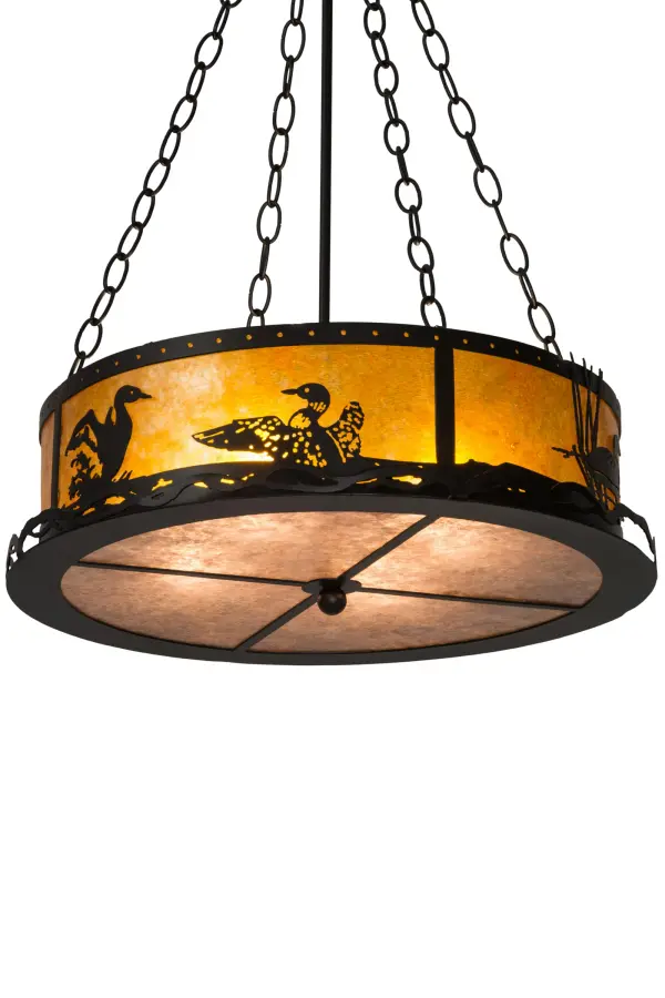 Stunning images of aquatic birds floating on a lake captured in this wildlife inspired Amber Mica fixture which diffuses beautiful ambient light; with a Silver Mica diffuser on bottom of the fixture. The lens is complemented with a frame and hardware hand finished in Black. Handmade by Meyda Craftsmen in the Yorkville; NY manufacturing facility. Custom colors; styles; and sizes available. Energy efficient lamping offered.