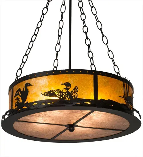 Stunning images of aquatic birds floating on a lake captured in this wildlife inspired Amber Mica fixture which diffuses beautiful ambient light; with a Silver Mica diffuser on bottom of the fixture. The lens is complemented with a frame and hardware hand finished in Black. Handmade by Meyda Craftsmen in the Yorkville; NY manufacturing facility. Custom colors; styles; and sizes available. Energy efficient lamping offered. - alternate view