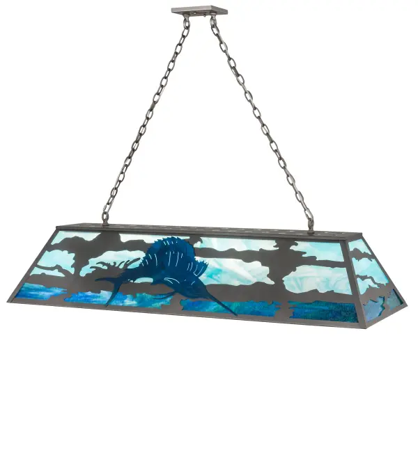 The large size; spirited fight and unrivaled speed of the Sailfish make it a favorite among trophy fishers. This eye-catching art glass pendant features a sky of Light Blue overlooking Blue-Green sparkling waters; which are enhanced with hardware and decorative accents finished in Steel. Perfect for illuminating kitchen islands; counters and billiard tables; the fixture is hand crafted by Meyda artisans in Upstate New York at the foothills of the Adirondack Mountains. Dimmable energy efficient lamping options and custom sizes; styles and colors are available.