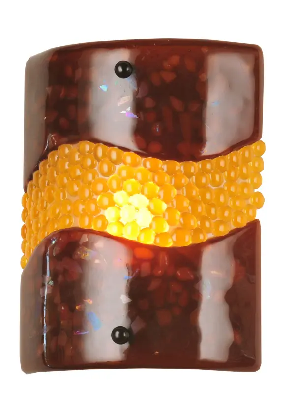 Hot high-fired glass is transformed into a cool abstract lighting design; blending waves of Pale Amber Pebbled Glass Jewels on an Amber Art Glass background. Striking fused glass defines this extraordinary sconce; which features glass droplets on a solid curved panel. The ADA-compliant wall sconce is ideal for illuminating a wide range of rooms in homes; resorts; hotels; and restaurants. The Metro Fusion Amber Pietre Wall Sconce is featured in our American-made; American-designed; handcrafted Modern Lighting Collection; which is manufactured in Yorkville; New York. UL and cUL listed for dry and damp locations. Each shade is a unique work of art with color variations based on natural ingredients inherent in the glass. The Quality Bent Glass division of Meyda Tiffany Lighting is over 100 years in the making. Today; we are still creating timeless masterpieces using tools and methods from the days when we supplied Tiffany Studios. Fused glass colors and metal finishes are customizable; as each fixture is handcrafted to order.