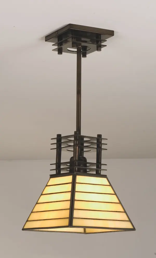 The Clean lines of the hand foiled and channel edged Ivory glass shade are the perfect complement to the warm Mahogany Bronze finish. The warm finish and glass color make this structurally inspired mini pendant a versatile addition to your home. Collection: Watersedge Finish: Mahogany Bronze Glass: Ba Width: 8.00" Height: 30.00" Length: 8.00" Weight: 6.00 lb Number of Bulbs: 1 Maximum Wattage: 60.00 W Bulb Type: T10 Bulb Base: E26 Material: Steel Country of Origin: CHINA Safety Listing: Dry Safety Rating: Dry