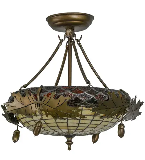Visually impressive as a mighty Oak Tree; this art glass shade delights with multitoned Beige and a Bark Brown granite glass crown sprouting oak leaf and acorn hardware finished in Antique Copper.The hardware was custom crafted by Meyda artisans at the foothills of the Adirondack Mountains and the shade was created using Meyda Tiffany's famous copperfoil construction method. - alternate view