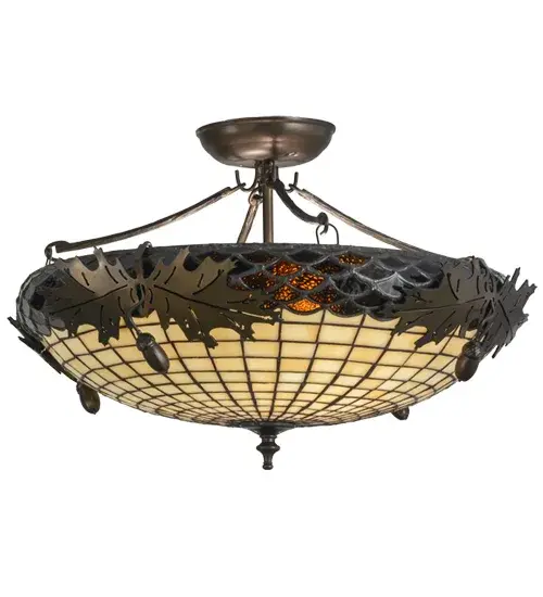 Majestic as the mighty oak is this leaf adorned semi flush in an antique copper finish. A lighted stained glass acorn; in Ivory with a multi-toned Bark Brown granite glass crown that sprouts oak leaf covered hardware that is hand made in the USA by Meyda Tiffany craftsmen. - alternate view