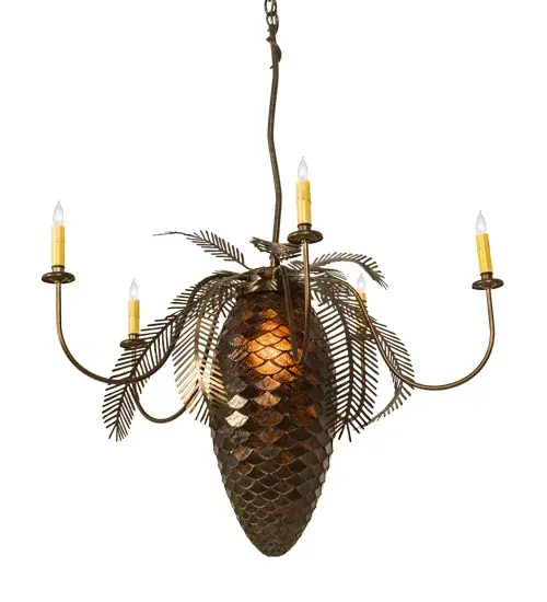 A large lighted Pinecone constructed of hand cut Bark Brown granite glass is adorned with Pine bough covered arms that terminate in elegant simulated wax candles. This handsome five arm chandelier has an Antique Copper and a rustic lodge appeal. All metal work is hand crafted in the USA by Meyda artisans. - alternate view
